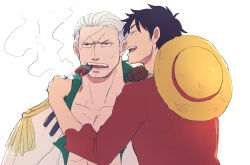 Rule 34 | 2boys, blush, facial hair, hand on another&#039;s shoulder, happy, looking ahead, male focus, mature male, medium sideburns, monkey d. luffy, multiple boys, one piece, pectoral cleavage, pectorals, scar, scar on face, scar on forehead, short hair, sideburns stubble, smoker (one piece), sparse stubble, stitches, stubble, tsurime, upper body, white hair, yamakazi47, yaoi