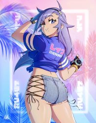Rule 34 | 1girl, ;), ass, black gloves, blue eyes, breasts, choker, commentary, denim, denim shorts, english commentary, fingerless gloves, from behind, front-tie top, gloves, hair ornament, hairband, hairclip, highres, hip vent, kellzallday, lace-up shorts, large breasts, light purple hair, long hair, looking back, mole, mole under mouth, one eye closed, original, scrunchie, shorts, single fingerless glove, skindentation, smile, solo, standing, thighs, wrist scrunchie