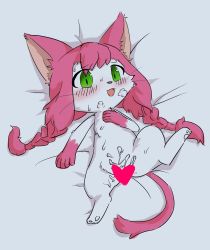 Rule 34 | 1girl, animal ears, artist request, cat busters, cat ears, cat tail, censored, cum, female focus, furry, furry female, green eyes, heart, heart censor, highres, long hair, neko hakase (cat busters), no humans, pink hair, solo, tail