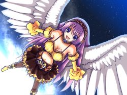 Rule 34 | 1girl, :d, black skirt, black thighhighs, blue eyes, boots, breasts, camisole, cleavage, commentary request, detached sleeves, feathered wings, frilled skirt, frills, full body, hair between eyes, long hair, looking at viewer, medium breasts, megurine luka, open mouth, purple hair, sakakura (sariri), skirt, sky, smile, solo, star (sky), starry sky, thighhighs, vocaloid, white wings, wings, yellow camisole, yellow sleeves