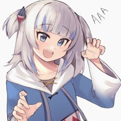 Rule 34 | 1girl, a (phrase), blue eyes, claw pose, commentary, english commentary, gawr gura, gawr gura (1st costume), highres, hololive, hololive english, kumaartsu, looking at viewer, open mouth, sharp teeth, solo, teeth, two side up, virtual youtuber, white hair