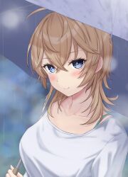 Rule 34 | 1girl, absurdres, ahoge, blonde hair, blue eyes, breasts, crossed bangs, hair between eyes, highres, holding, holding umbrella, kantai collection, large breasts, looking at viewer, medium hair, monoku, official alternate costume, rain, shirt, smile, solo, tuscaloosa (kancolle), umbrella, upper body, white shirt