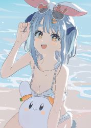 Rule 34 | 1girl, absurdres, beach, bikini, blue hair, blue ribbon, blush, breasts, cleavage, commentary request, eyewear on head, hair ornament, hair ribbon, hand up, hasu, highres, hololive, long hair, looking at viewer, medium breasts, open mouth, orange eyes, outdoors, parted lips, rabbit-shaped pupils, ribbon, shadow, smile, solo, swimsuit, symbol-shaped pupils, teeth, upper teeth only, usada pekora, virtual youtuber, water, white bikini