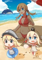 10s 5girls @_@ aged_down alternate_costume beach bikini bismarck_(kancolle) blonde_hair blue_eyes blue_sky breasts cleavage cloud commentary_request crab crown day halterneck hat highres i-58_(kancolle) innertube kantai_collection long_hair military_hat mini_crown multiple_girls navel ocean outdoors pokasu prinz_eugen_(kancolle) sand sky sweatdrop swim_ring swimsuit warspite_(kancolle) water