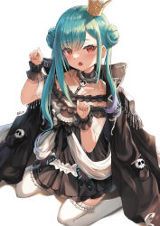 Rule 34 | 1girl, absurdres, alter (kxk7357), aqua hair, black choker, black coat, black dress, chain, choker, coat, coat on shoulders, collarbone, colored tips, crown, double bun, dress, fang, flat chest, frilled straps, frilled thighhighs, frills, full body, hair bun, highres, hololive, kneeling, long hair, looking at viewer, mini crown, multicolored hair, off-shoulder dress, off shoulder, open mouth, paw pose, purple hair, red eyes, short dress, simple background, solo, thighhighs, tilted headwear, twintails, twitter username, two-tone hair, uneven twintails, uruha rushia, uruha rushia (3rd costume), virtual youtuber, white background, white thighhighs, wristband