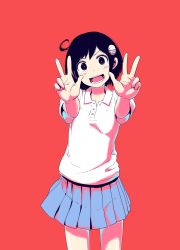 Rule 34 | 1girl, ahoge, black eyes, black hair, blouse, blue skirt, collared shirt, cowboy shot, double v, grin, hair ornament, hairclip, head tilt, highres, looking at viewer, open mouth, original, outstretched arms, pleated skirt, red background, school uniform, serafuku, shirt, shokubai phantom girl, short hair, short sleeves, simple background, skirt, smile, solo, standing, teeth, tongue, v, white shirt, wing collar