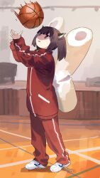 Rule 34 | 1girl, ahoge, baggy pants, ball, basketball, basketball (object), blade, blunt bangs, brown hair, failure, full body, gym, gym uniform, hands up, headgear, high collar, highres, hitogome, imminent death, kiritanpo (food), long sleeves, looking up, motion lines, open mouth, oversized clothes, oversized food, oversized object, pants, red eyes, red track suit, shadow, shoes, short hair, short twintails, smile, sneakers, solo, standing, touhoku kiritan, twintails, untied footwear, v-shaped eyebrows, voiceroid, wooden floor, zipper pull tab
