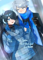 Rule 34 | 1boy, 1girl, animal earmuffs, artist name, black coat, black gloves, blue coat, blue eyes, blue hair, blue mittens, blue scarf, blurry, blurry background, ciel (dear vocalist), coat, commission, commissioner name, cup, dear vocalist, disposable coffee cup, disposable cup, earmuffs, gloves, guitar case, hair over one eye, holding, holding phone, instrument case, mittens, open mouth, original, phone, plaid, plaid coat, scarf, skeb commission, smirk, thank you, tokoni fusu, winter