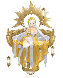 Rule 34 | absurdres, breasts, dress, earrings, eclipsesaga, grey eyes, highres, jewelry, large breasts, long hair, looking at viewer, necklace, side slit, sitting, solo, tearmumu, throne, white hair, white legwear, yellow dress