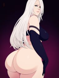Rule 34 | 1girl, ass, bare shoulders, black gloves, bottomless, breasts, commentary, elbow gloves, from behind, gloves, grey eyes, hand on thigh, highres, huge ass, large breasts, long hair, looking at viewer, looking back, lunasanguinis, mole, mole under mouth, nier (series), nier:automata, no panties, parted lips, solo, thick thighs, thighs, white hair, a2 (nier:automata)