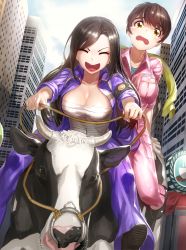 Rule 34 | 2girls, :d, animal, animal ears, blue shirt, bousouzoku, breasts, brown eyes, brown hair, building, city, cityscape, cleavage, closed eyes, commentary request, cow, crying, crying with eyes open, delinquent, gloves, horns, idolmaster, idolmaster cinderella girls, kfr, large breasts, long hair, mukai takumi, multiple girls, oikawa shizuku, open mouth, outdoors, pants, pink pants, pink shirt, riding, sarashi, shirt, short hair, skyline, sleeves rolled up, smile, tears, wavy mouth, white gloves