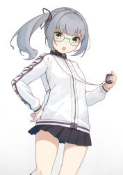 Rule 34 | 1girl, aqua-framed eyewear, bespectacled, black skirt, cosplay, cowboy shot, glasses, grey hair, hayasui (kancolle), hayasui (kancolle) (cosplay), jacket, kantai collection, kasumi (kancolle), long hair, mitsuyo (mituyo324), pleated skirt, side ponytail, simple background, skirt, solo, stopwatch, track jacket, watch, white background, white jacket, yellow eyes
