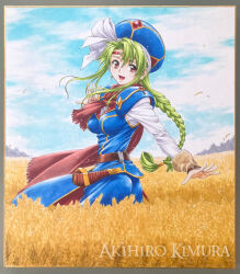 Rule 34 | 1girl, armor, artist name, blue dress, blue hat, blue sky, cloud, cloudy sky, dress, emerald dragon, green hair, hair between eyes, hands up, hat, highres, jewelry, kimura akihiro, long braid, long sleeves, looking at viewer, marker (medium), open mouth, outdoors, outstretched arms, pauldrons, photo (medium), red eyes, red scarf, scarf, shoulder armor, sidelocks, sky, smile, solo, standing, tamrin (emerald dragon), traditional media, wheat field