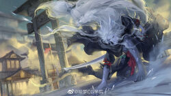 Rule 34 | 1boy, architecture, artist request, bare legs, black eyes, black robe, black sleeves, blue sky, braid, check copyright, chinese clothes, colored skin, copyright request, demon horns, east asian architecture, feet, floating hair, full body, gradient skin, grey skin, hand on ground, hanfu, highres, holding, holding sword, holding weapon, horns, leg tattoo, long hair, long sleeves, looking ahead, low-tied long hair, male focus, on one knee, original, outdoors, parted lips, robe, second-party source, single braid, sky, smoke, solo, sunrise, sword, tattoo, toenails, toes, torn clothes, torn sleeves, very long hair, watermark, weapon, weibo logo, weibo username, white hair, white horns, white skin