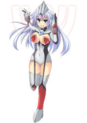 Rule 34 | 1girl, armor, arms up, black gloves, black leotard, blue eyes, blue hair, blush, boots, breasts, cleavage, cleavage cutout, clothing cutout, cross (crossryou), evil tiga, gloves, grey footwear, grey gloves, grey leotard, headpiece, large breasts, leotard, long hair, looking at viewer, open mouth, personification, red armor, red footwear, red gloves, red leotard, smile, standing, thigh boots, thighhighs, ultra series, ultraman tiga (series), white background, wristband
