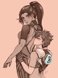Rule 34 | 2girls, blush, breasts, closed eyes, female focus, freckles, gloves, hand on another&#039;s back, highres, kiss, kissing back, multiple girls, murasaki-yuri, overwatch, overwatch 1, ponytail, signature, simple background, tattoo, tracer (overwatch), upper body, widowmaker (overwatch), yuri