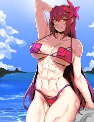 Rule 34 | 1girl, abs, absurdres, against rock, arm up, bare shoulders, blue sky, breasts, cleavage, commentary request, cowboy shot, fate/grand order, fate (series), hair ornament, highres, large breasts, long hair, looking at viewer, minew, muscular, muscular female, navel, official alternate costume, outdoors, purple hair, red eyes, scathach (fate), scathach (fate/grand order), scathach (swimsuit assassin) (fate), sky, smile, solo, very long hair