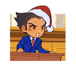 Rule 34 | 1boy, ace attorney, black hair, blue jacket, brown eyes, chibi, christmas, collared shirt, courtroom, formal, goldenastrum, hat, highres, jacket, long sleeves, looking ahead, male focus, necktie, open mouth, phoenix wright, red hat, santa hat, shirt, short hair, solo, spiked hair, suit, upper body, white shirt