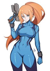 Rule 34 | 1girl, absurdres, blonde hair, blue bodysuit, blue eyes, bodysuit, bracelet, cameltoe, closed mouth, contrapposto, covered navel, distr, gun, hand up, handgun, highres, holding, holding gun, holding weapon, jewelry, looking at viewer, metroid, mole, mole under mouth, nintendo, ponytail, samus aran, signature, simple background, skin tight, solo, standing, weapon, white background, zero suit