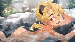 Rule 34 | 1boy, absurdres, animal ears, ass, bandages, bath, bathing, black ears, blonde hair, cat ears, commission, commissioner upload, earrings, fangs, freckles, highres, indie virtual youtuber, jewelry, kainen, looking at viewer, lying, male focus, mole, nude, on stomach, onsen, partially submerged, red eyes, rock, skeb commission, virtual youtuber, water, wet, wool bl