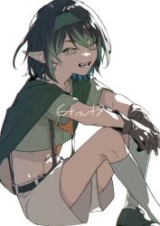 Rule 34 | 1boy, 6tnut9, artist name, belt, black hair, cloak, commentary request, crop top, earrings, gloves, green eyes, green hair, hairband, hanabatake chaika, hand rest, jewelry, looking at viewer, male focus, medium hair, midriff, multicolored hair, nijisanji, pants, pointy ears, shoes, socks, solo, stomach, striped clothes, striped socks, suspenders, virtual youtuber, white background