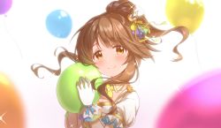 Rule 34 | 1girl, balloon, blurry, blurry background, blurry foreground, blush, brown eyes, brown hair, closed mouth, commentary, depth of field, dress, frilled sleeves, frills, gloves, hair ribbon, hat, highres, holding, holding balloon, idolmaster, idolmaster cinderella girls, long hair, looking at viewer, mini hat, nagononn, ponytail, puffy short sleeves, puffy sleeves, ribbon, short sleeves, smile, solo, sparkle, takamori aiko, tilted headwear, upper body, white dress, white gloves, white hat, wind