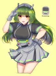 Rule 34 | 1girl, black shirt, blush, breasts, commentary request, cowboy shot, cropped legs, gloves, green background, green hair, green trim, grey gloves, grey skirt, hand on own hip, highres, large breasts, long hair, looking at viewer, open mouth, original, ougi hina, personification, pleated skirt, salute, shirt, short sleeves, simple background, skirt, smile, solo, yellow eyes