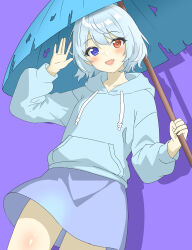 Rule 34 | 1girl, :d, absurdres, adapted costume, blue background, blue eyes, blue hair, blue hoodie, blue skirt, blue umbrella, drawstring, heterochromia, highres, holding, holding umbrella, hood, hoodie, looking at viewer, one-hour drawing challenge, open mouth, red eyes, shirokumall, short hair, simple background, skirt, smile, solo, tatara kogasa, touhou, umbrella