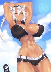 Rule 34 | 2girls, abyssal ship, areola slip, armpits, arms behind head, arms up, battleship princess, bikini, bikini top only, breasts, cleavage, colored skin, covered erect nipples, dark-skinned female, dark skin, hair between eyes, highres, horns, kantai collection, large areolae, large breasts, looking at viewer, mizuumi (bb), multiple girls, musashi (kancolle), muscular, muscular female, navel, pale skin, pointy hair, red eyes, short hair with long locks, short shorts, shorts, single horn, skin-covered horns, smile, swimsuit, tall, twintails, two side up, white hair, white skin