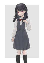 Rule 34 | 1girl, :|, black hair, black socks, border, bow, bowtie, buttons, closed mouth, collared shirt, expressionless, fukumaru koito, grey background, grey skirt, grey vest, hair ornament, hairclip, hand up, highres, idolmaster, idolmaster shiny colors, kneehighs, long hair, long sleeves, looking at viewer, mizuumi, outside border, pink eyes, pleated skirt, red bow, red bowtie, shirt, simple background, skirt, socks, solo, standing, vest, white border, white shirt