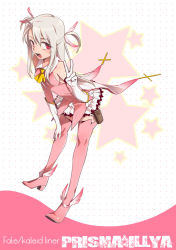Rule 34 | 1girl, :d, boots, breasts, copyright name, elbow gloves, fate/kaleid liner prisma illya, fate (series), feather hair ornament, feathers, frilled skirt, frills, gloves, hair ornament, illyasviel von einzbern, leaning forward, long hair, magical girl, motsu (kk 3), open mouth, pink footwear, prisma illya, red eyes, skirt, small breasts, smile, solo, staff, star (symbol), thigh boots, thighhighs, two side up, v, white hair