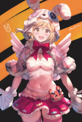 Rule 34 | 1girl, :d, akane mimi (cosplay), animal ears, animal hat, bad id, bad pixiv id, bandaged arm, bandaged hand, bandages, black background, blonde hair, blush, bow, braid, breasts, brown eyes, capelet, cleavage, cosplay, djeeta (granblue fantasy), fake animal ears, frilled skirt, frills, fur-trimmed capelet, fur trim, granblue fantasy, groin, hair ornament, hat, highres, looking at viewer, medium breasts, milli little, mimi (halloween) (princess connect!), mimi (princess connect!), navel, open mouth, orange background, pink capelet, pink thighhighs, princess connect!, rabbit ears, rabbit hair ornament, rabbit hat, red bow, red skirt, skindentation, skirt, smile, solo, striped clothes, striped thighhighs, thighhighs, twitter username, two-tone background, vyrn (granblue fantasy)