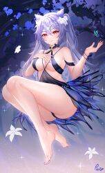 Rule 34 | 1girl, absurdres, bare shoulders, barefoot, blue dress, blue nails, breasts, bug, butterfly, collarbone, double bun, dress, feet, flower, full body, genshin impact, hair bun, hair flower, hair ornament, hand up, highres, insect, keqing (genshin impact), keqing (opulent splendor) (genshin impact), large breasts, long hair, looking at viewer, nail polish, official alternate costume, parted lips, pupy exe, purple eyes, purple hair, smile, solo, thighs, toenail polish, toenails, toes, twintails
