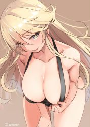 Rule 34 | 1girl, bikini, black bikini, blonde hair, breasts, brown background, cleavage, collarbone, cowboy shot, grey eyes, hair between eyes, iowa (kancolle), kantai collection, large breasts, long hair, one-hour drawing challenge, open mouth, simple background, smile, solo, star-shaped pupils, star (symbol), swimsuit, symbol-shaped pupils, takase muh, twitter username