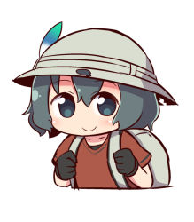 Rule 34 | 10s, 1girl, backpack, bag, black gloves, black hair, blue eyes, blush, closed mouth, collarbone, cropped torso, gloves, hair between eyes, hat feather, helmet, kaban (kemono friends), kemono friends, looking at viewer, naga u, pith helmet, red shirt, shirt, short sleeves, simple background, smile, solo, white background
