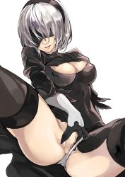 Rule 34 | 1girl, ass, atoshi, bad id, bad pixiv id, black gloves, black thighhighs, blindfold, breasts, cleavage, cleavage cutout, clothing aside, clothing cutout, covered erect nipples, dress, gloves, hairband, highres, leotard, leotard aside, medium breasts, mole, mole under mouth, multicolored clothes, multicolored gloves, nier (series), nier:automata, parted lips, partially visible vulva, short hair, silver hair, sitting, skindentation, skirt, solo, spread legs, thighhighs, thighs, white gloves, 2b (nier:automata)