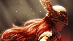 Rule 34 | 1girl, closed mouth, elden ring, from side, helmet, highres, long hair, malenia blade of miquella, mechanical arms, profile, prosthesis, prosthetic arm, red hair, ronillust, single mechanical arm, solo, winged helmet
