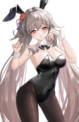 Rule 34 | 1girl, :o, alternate costume, animal ears, bad id, bad twitter id, bare arms, bare shoulders, black bow, black bowtie, blush, bow, bowtie, breasts, brown hair, cleavage, contrapposto, covered navel, detached collar, fake animal ears, flower, flower-shaped pupils, genshin impact, gradient hair, hair flaps, hair flower, hair ornament, hand in own hair, highleg, highleg leotard, highres, hu tao (genshin impact), leotard, long hair, looking at viewer, medium breasts, multicolored hair, nail polish, pantyhose, playboy bunny, plum blossoms, rabbit ears, red eyes, red flower, sidelocks, simple background, solo, strapless, strapless leotard, symbol-shaped pupils, twintails, ueng, very long hair, white background, white wrist cuffs, wrist cuffs