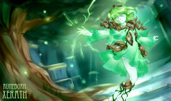 Rule 34 | 1girl, alternate costume, barefoot, colored skin, electricity, facial mark, gender request, genderswap, green eyes, green hair, league of legends, matching hair/eyes, nam (valckiry), pale skin, personification, plant, short hair, solo, translucent, tree, twintails, vines, white skin, xerath
