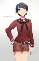 Rule 34 | 10s, 1girl, belt, black hair, commentary request, grey eyes, hand on own hip, k-suwabe, kantai collection, looking at viewer, mogami (kancolle), red shirt, sailor collar, school uniform, serafuku, shirt, short hair, shorts, smile, solo, twitter username
