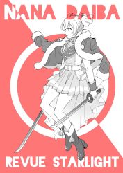 Rule 34 | 1girl, aiguillette, belt, boots, character name, commentary, copyright name, daiba nana, dual wielding, epaulettes, from side, full body, fur-trimmed jacket, fur trim, hair ribbon, highres, holding, jacket, jacket on shoulders, katana, looking to the side, miniskirt, monochrome, pleated skirt, red background, ribbon, rn10r, short twintails, shoujo kageki revue starlight, skirt, solo, spot color, sword, twintails, weapon, white background