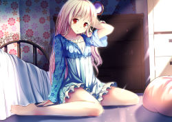 Rule 34 | 1girl, absurdres, arm behind head, arm support, barefoot, bed, bedroom, blonde hair, blush, cabinet, cloak, closed mouth, collarbone, dress, frilled dress, frills, highres, indoors, light rays, long hair, long sleeves, looking at viewer, murasaki shitsu, on floor, original, pillow, red eyes, room, sitting, on floor, solo, straight hair, sunbeam, sunlight, wariza, yan (nicknikg)
