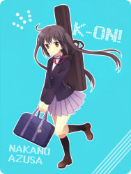 Rule 34 | bad id, bad pixiv id, bag, black hair, brown eyes, guitar case, instrument case, k-on!, long hair, nakano azusa, school uniform, simple background, solo, tourin fuwa, twintails