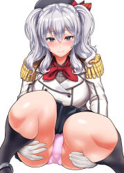 Rule 34 | 10s, 1girl, beret, blush, breasts, crotch seam, epaulettes, female focus, hat, kantai collection, kashima (kancolle), large breasts, long hair, looking at viewer, military, military uniform, miniskirt, miyamoto issa, panties, pink panties, silver hair, skirt, solo, twintails, underwear, uniform