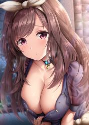 Rule 34 | 1girl, :o, bad id, bad twitter id, blurry, blurry background, blush, bow, breasts, brown hair, brown ribbon, choker, cleavage, clothes pull, collarbone, dress, dress tug, garana, hair bow, hair ribbon, highres, idolmaster, idolmaster shiny colors, indoors, large breasts, leaning forward, light particles, long hair, looking at viewer, open mouth, pink eyes, ponytail, purple dress, ribbon, sidelocks, solo, sweat, tsukioka kogane, upper body