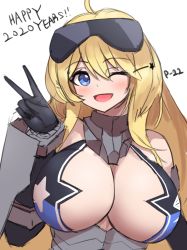 1girl ahoge blonde_hair blue_eyes blush breasts character_name cho!cho! goggles goggles_on_head hair_between_eyes happy_new_year harpyia_(last_origin) highres huge_breasts last_origin looking_at_viewer new_year one_eye_closed open_mouth simple_background smile solo v white_background