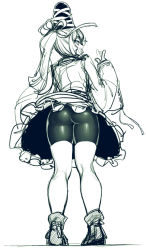 Rule 34 | 1girl, ass, bike shorts, from behind, full body, hat, highres, japanese clothes, kariginu, long sleeves, looking at viewer, looking back, medium hair, monochrome, mononobe no futo, open mouth, ponytail, ribbon-trimmed sleeves, ribbon trim, shoes, simple background, sketch, smile, solo, spacezin, standing, star (symbol), tate eboshi, touhou, wide sleeves
