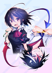 Rule 34 | 2girls, ahoge, asymmetrical wings, black hair, bracelet, chipa (arutana), cone horns, cover, cover page, grin, highres, horns, houjuu nue, jewelry, kijin seija, looking at viewer, multicolored hair, multiple girls, open mouth, red eyes, red hair, red neckwear, short hair, smile, snake, streaked hair, touhou, translation request, upside-down, white hair, wings