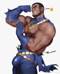 Rule 34 | 1boy, abs, absurdres, bara, bare pectorals, beard, biceps, blue bodysuit, bodysuit, brown hair, bulge, buzz cut, creatures (company), dark-skinned male, dark skin, facial hair, flexing, from side, game freak, highres, jewelry, large pectorals, latex, latex legwear, male focus, matt (pokemon), mature male, muscular, muscular male, necklace, nintendo, nipples, pectorals, pokemon, pokemon oras, powerlesssong, short hair, simple background, skin tight, solo, thick thighs, thighs, torn bodysuit, torn clothes, veins, very short hair, white background
