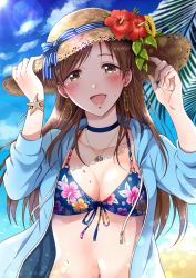 Rule 34 | 1girl, :d, bikini, blue bikini, blue choker, blue jacket, blue sky, blush, breasts, brown eyes, brown hair, choker, cleavage, cloud, collarbone, commentary request, day, drawstring, floral print, flower, front-tie bikini top, front-tie top, gen (enji), hands up, hat, hat flower, hat ribbon, highres, idolmaster, idolmaster cinderella girls, jacket, jewelry, long hair, looking at viewer, medium breasts, navel, necklace, nitta minami, open clothes, open jacket, open mouth, palm leaf, red flower, ribbon, sky, smile, solo, stomach, straw hat, sunlight, swimsuit, upper body, wet